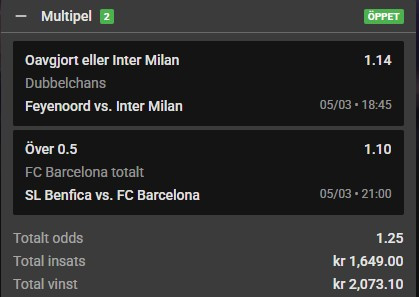 Champions League speltips – Feyenoord vs Inter, Benfica vs Barcelona, dubbelspel, odds, matchanalys och bettingtips inför dagens matcher.Champions League speltips – Feyenoord vs Inter, Benfica vs Barcelona, dubbelspel, odds, matchanalys och bettingtips inför dagens matcher.