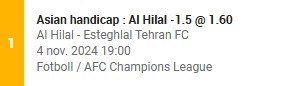 speltips Al Hilal vs Esteghlal Tehran FC, Asian handicap Al Hilal -1.5, AFC Champions League odds, matchanalys, betting tips, Al Hilal speltips, Esteghlal Tehran FC speltips, dagens speltips, fotboll odds, Al Hilal Esteghlal målspel