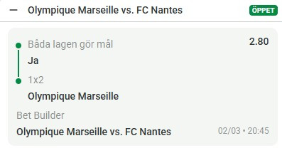 Marseille vs Nantes speltips – Bet Builder, båda lagen gör mål, Ligue 1