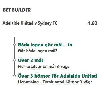 Adelaide United vs Sydney, BLGM, över 2,5 mål, över 3,5 hörnor, Bet Builder, fotboll odds, speltips, målrik match, Adelaide offensiv, Sydney defensiv