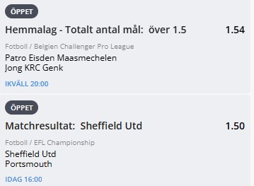 speltips, Bet Builder, Patro Eisden vs Genk II, Sheffield Utd vs Portsmouth,  målspel, dubbel, höga odds, fotboll odds, bettingtips