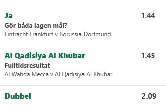 dagens speltips, Hatayaspor vs Galatasaray, Marmoush Omar, Frankfurt vs Borussia Dortmund, Al Qadisiya, Bet Builder, spelarspecial, dubbel speltips, BLGM, odds, bettingtips